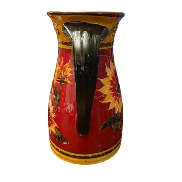 Pier 1 Sunflower‎ Hand Painted Terracotta Carafe Pitcher / Vase Red & Yellow - Picture 2 of 7